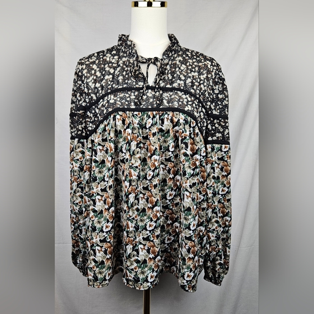Ava James Floral Gypsy Blouse Sz L‎ Tie Neck Fairycore Boho Cottagecore
